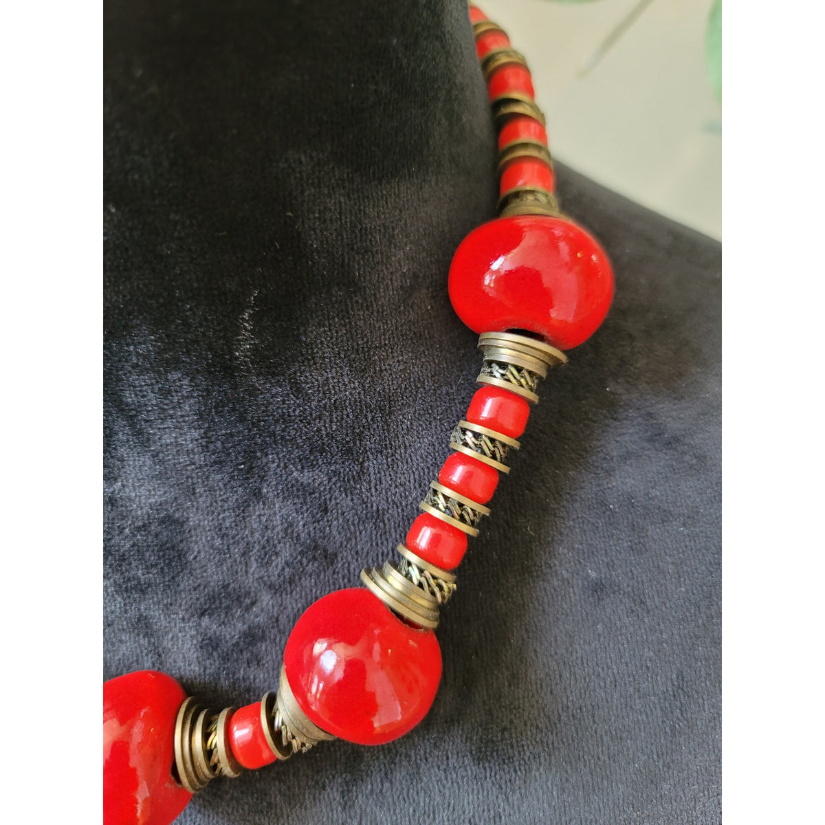 Women's Chunky Red Beaded Statement Necklace With Antique Brass Hook Lock Design