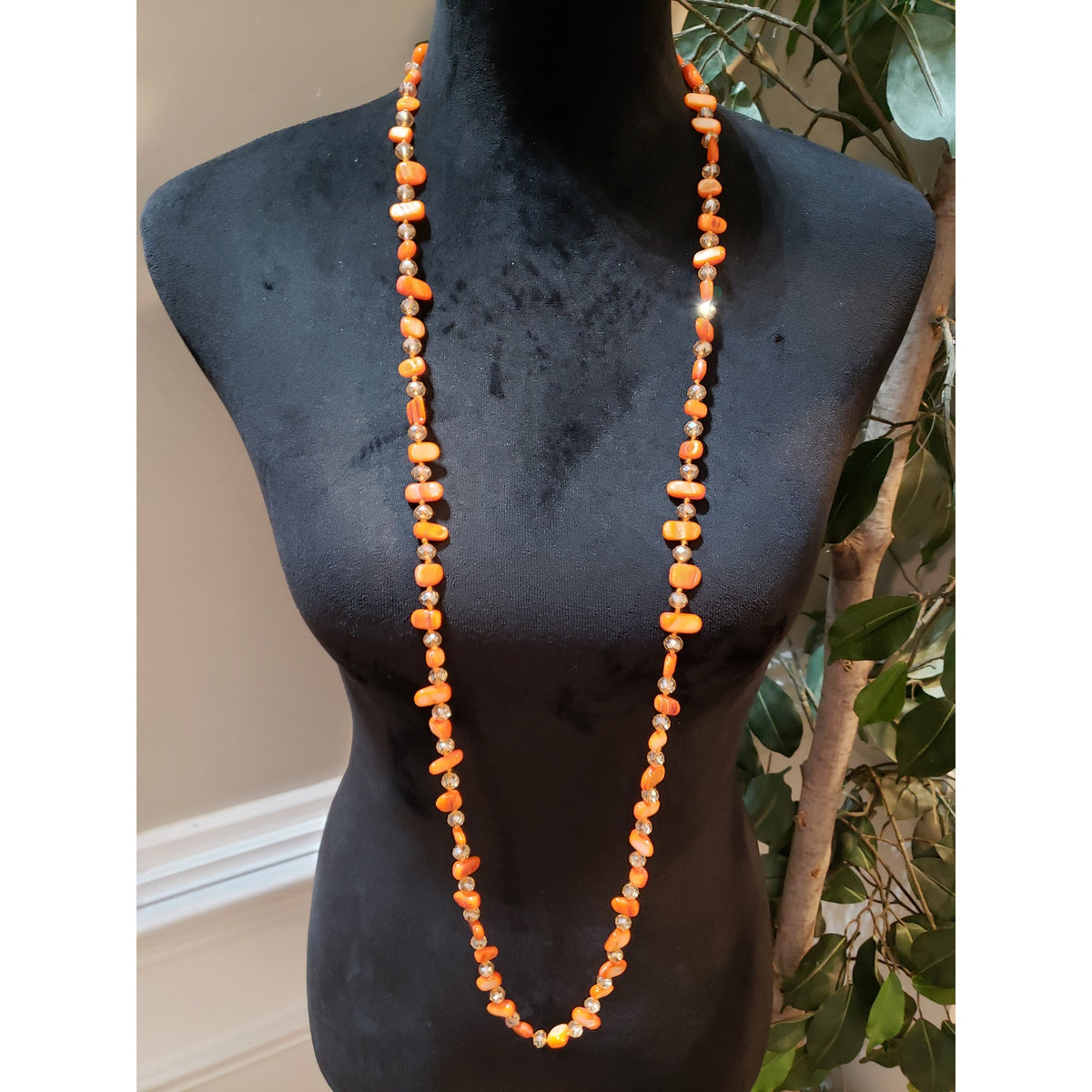 Women Fashion Coral Stones Faceted Glass Beads Long Necklace Jewelry w/ Earrings