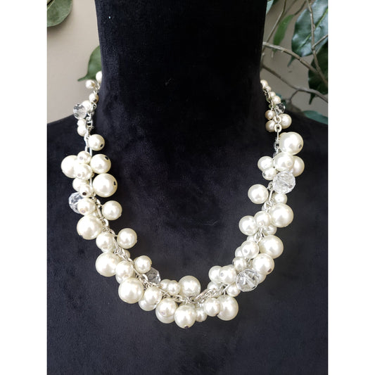 Womens Silver Tone Ivory Faux Pearls Crystals Cluster Statement Necklace Jewelry