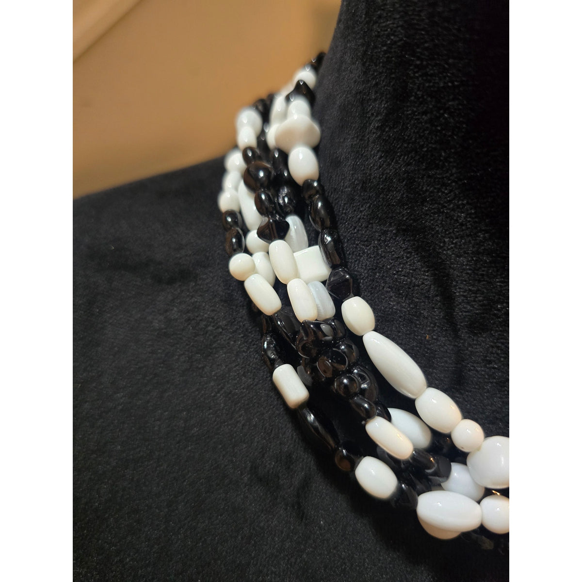Women's Black White Beaded Multi Strand Necklace Chunky Statement Toggle Clasp