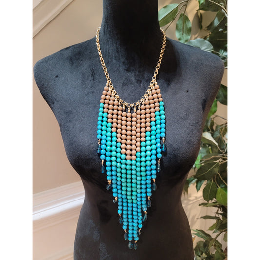 Womens Statement Beaded Necklace Brown Turquoise Layered Bib Design Lobster Lock