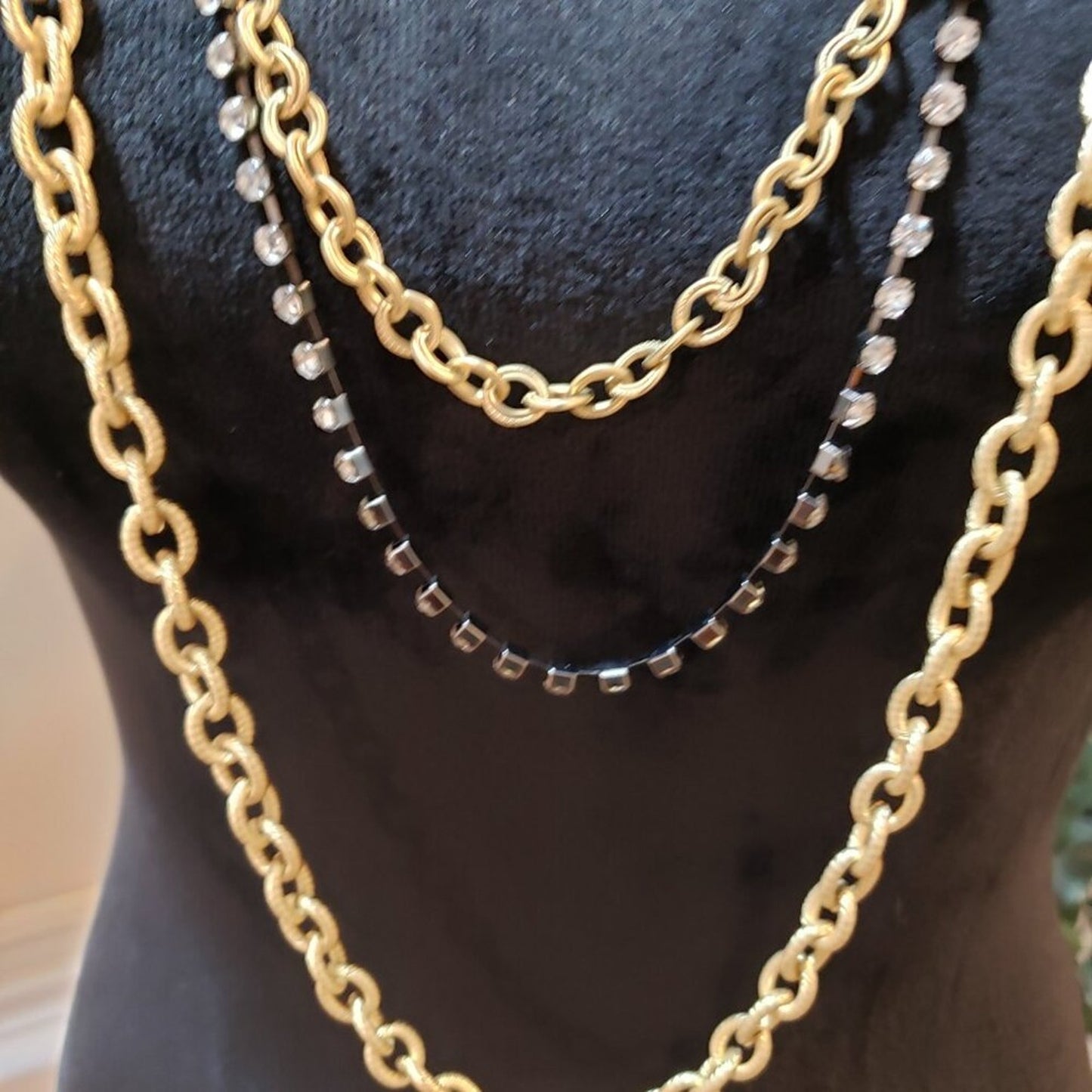 Womens Gold Tone 3 Layer Chain Crystal Statement Necklace with Lobster Clasp