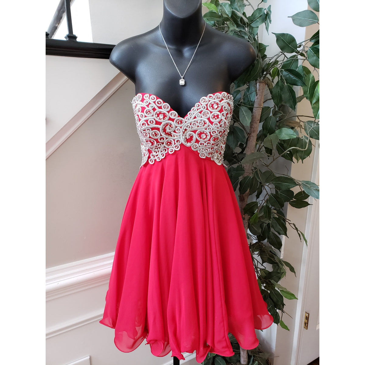 Fiesta Prom Dress Women Small Red Rhinestone Polyester Beaded Off The Shoulder