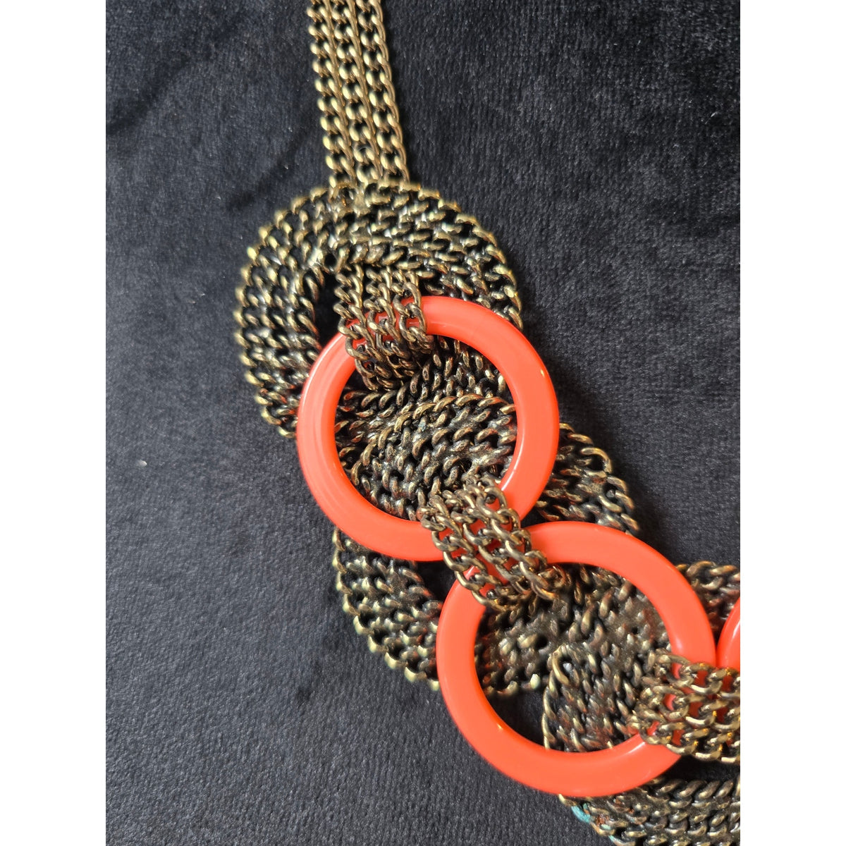 Coral Orange Gunmetal Gray Chunky Interlocking Chain Link Bib Necklace