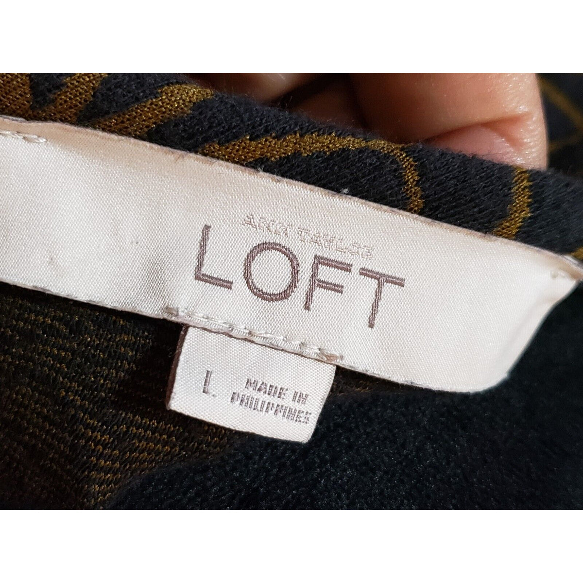 LOFT Women Navy Brown Geometric Short Sleeve Knee Length Shift Dress Size L