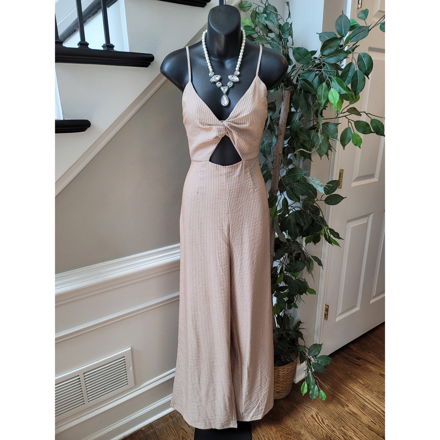 The Room Jumpsuit Women Medium Beige White Striped Cutout Wide Leg Sleeveless