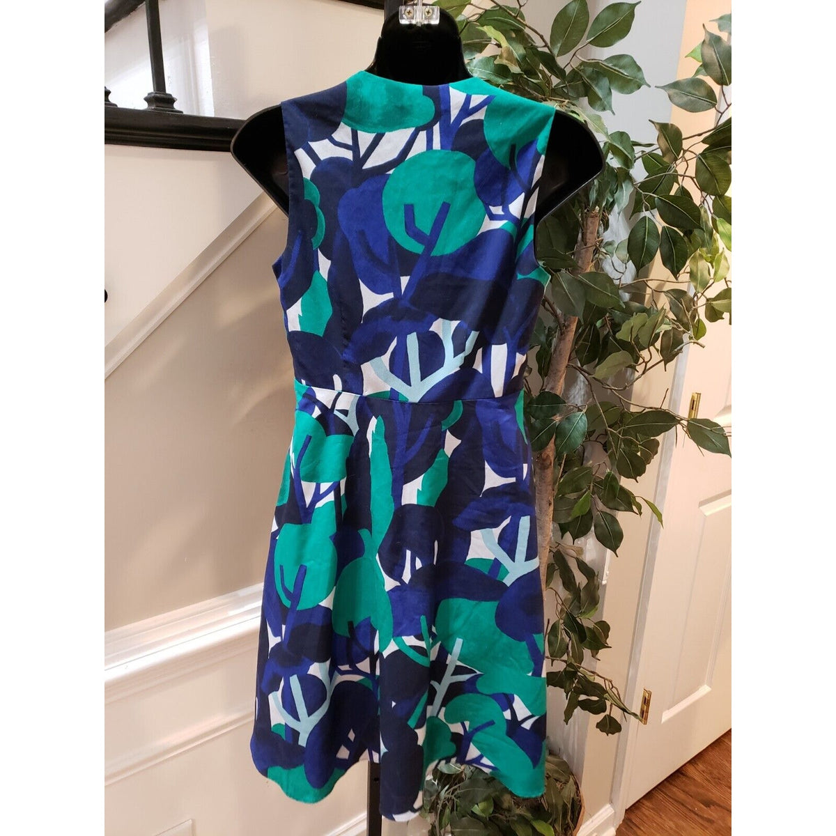 Ann Taylor Womens Blue & Green Polyester V-Neck Sleeveless Knee Length Dress 00P
