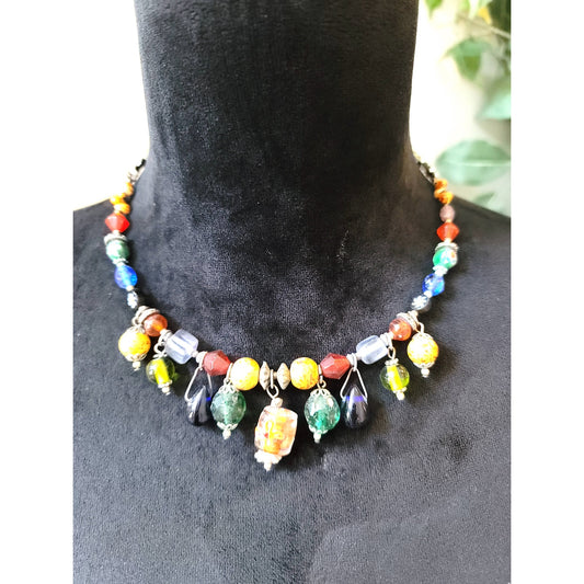 Women Colorful Glass Bead Necklace Boho Chunky Mixed Beads Vintage Style Jewelry