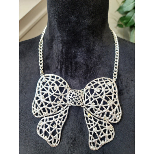 Silver Tone Oversized Bow Pendant Necklace Openwork Filigree Statement Jewelry