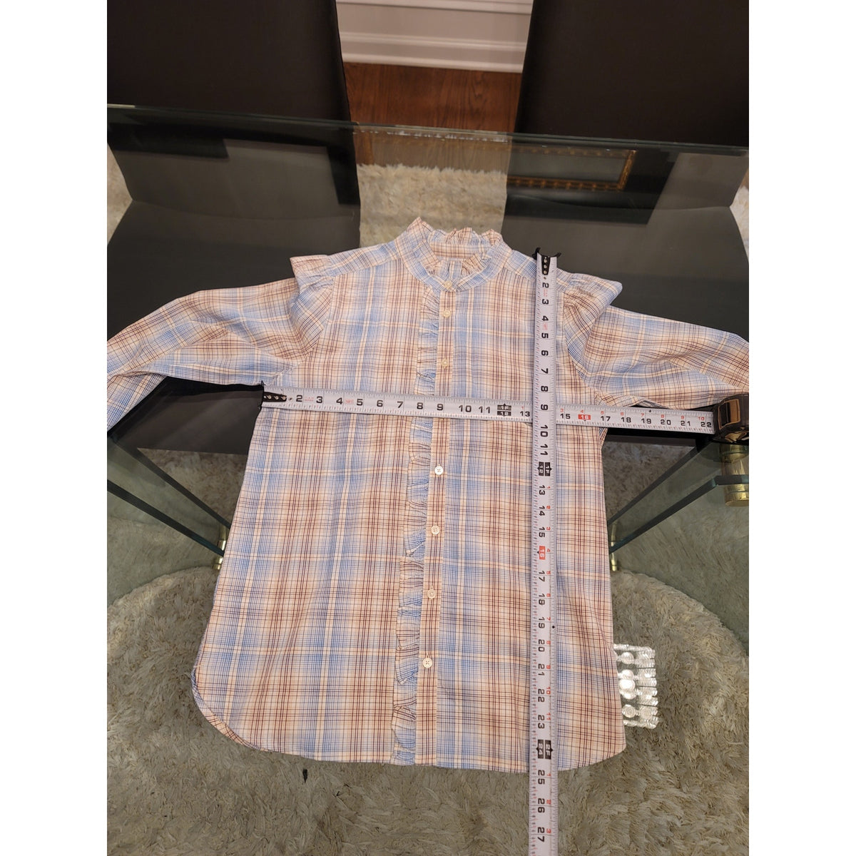 Loft Shirt Women XS Multi Cotton Plaid Ruffle Band Collar Curved Hem Button-Up