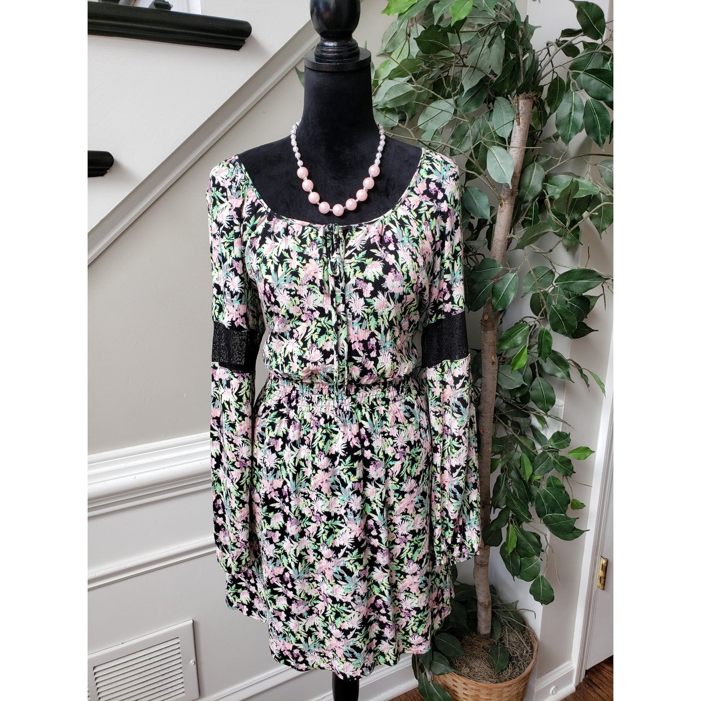 Princess Vera Fit & Flare Dress Women Large Black Floral Round Neck Long Sleeve
