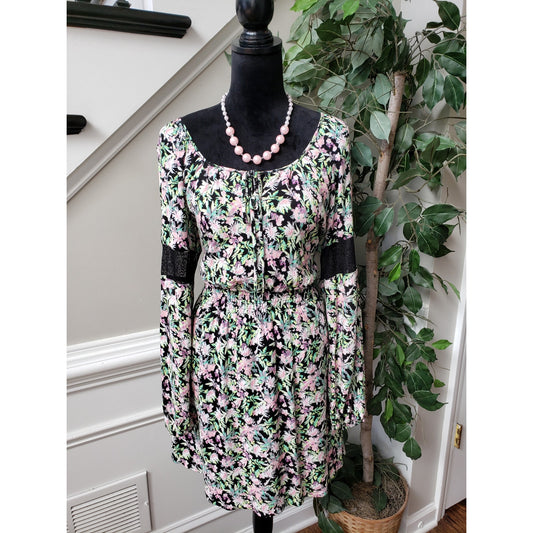 Princess Vera Fit & Flare Dress Women Large Black Floral Round Neck Long Sleeve