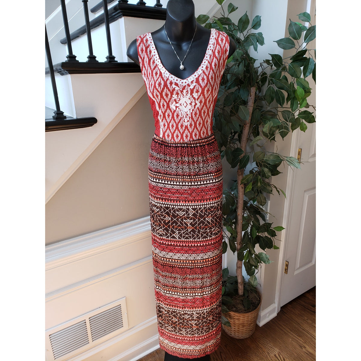 Spense Long Maxi Dress Womens XL Multi Geo Print Sleeveless Embroidered V Neck