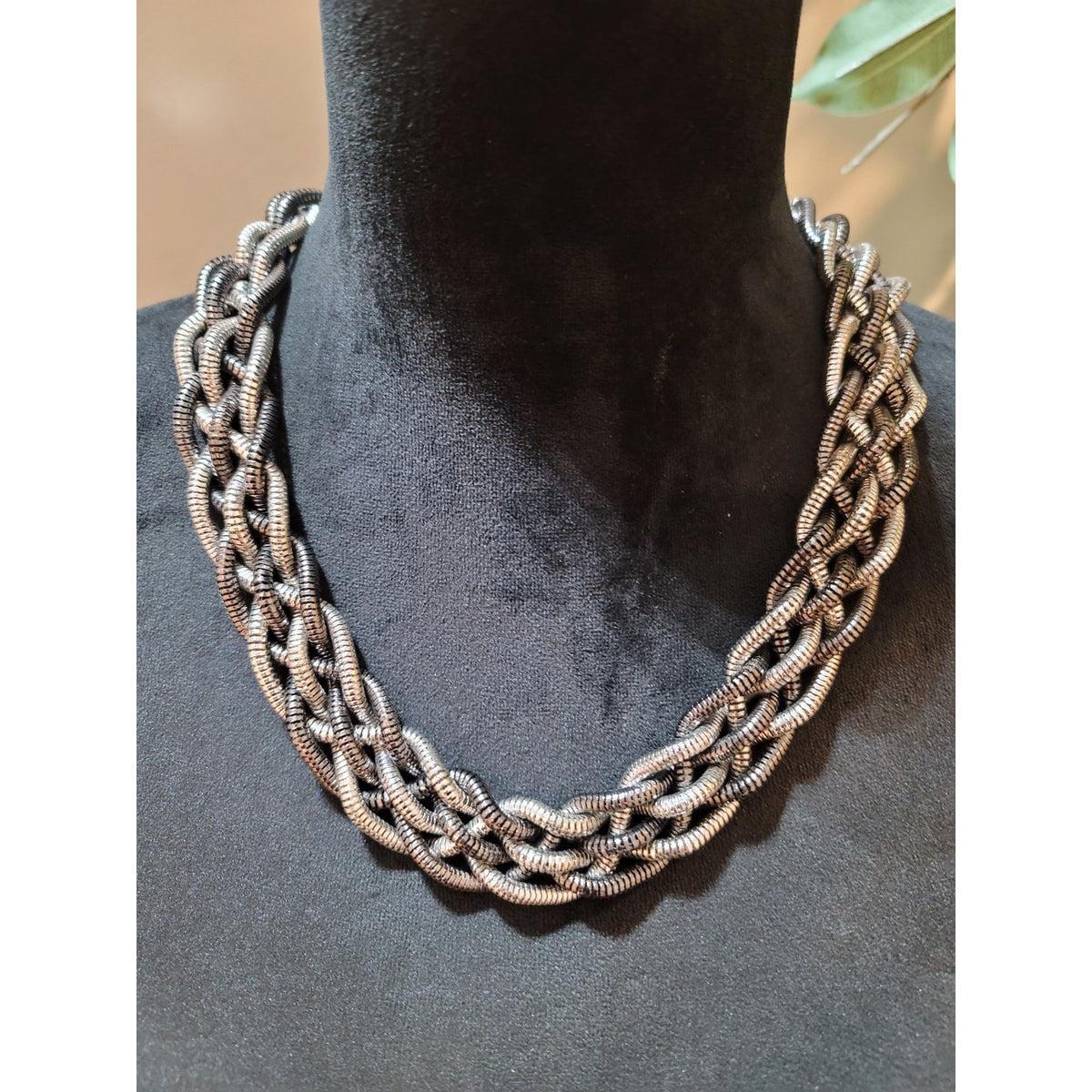 Women’s Multi-Strand Woven Metallic Coil Necklace with Silver-Tone Finish