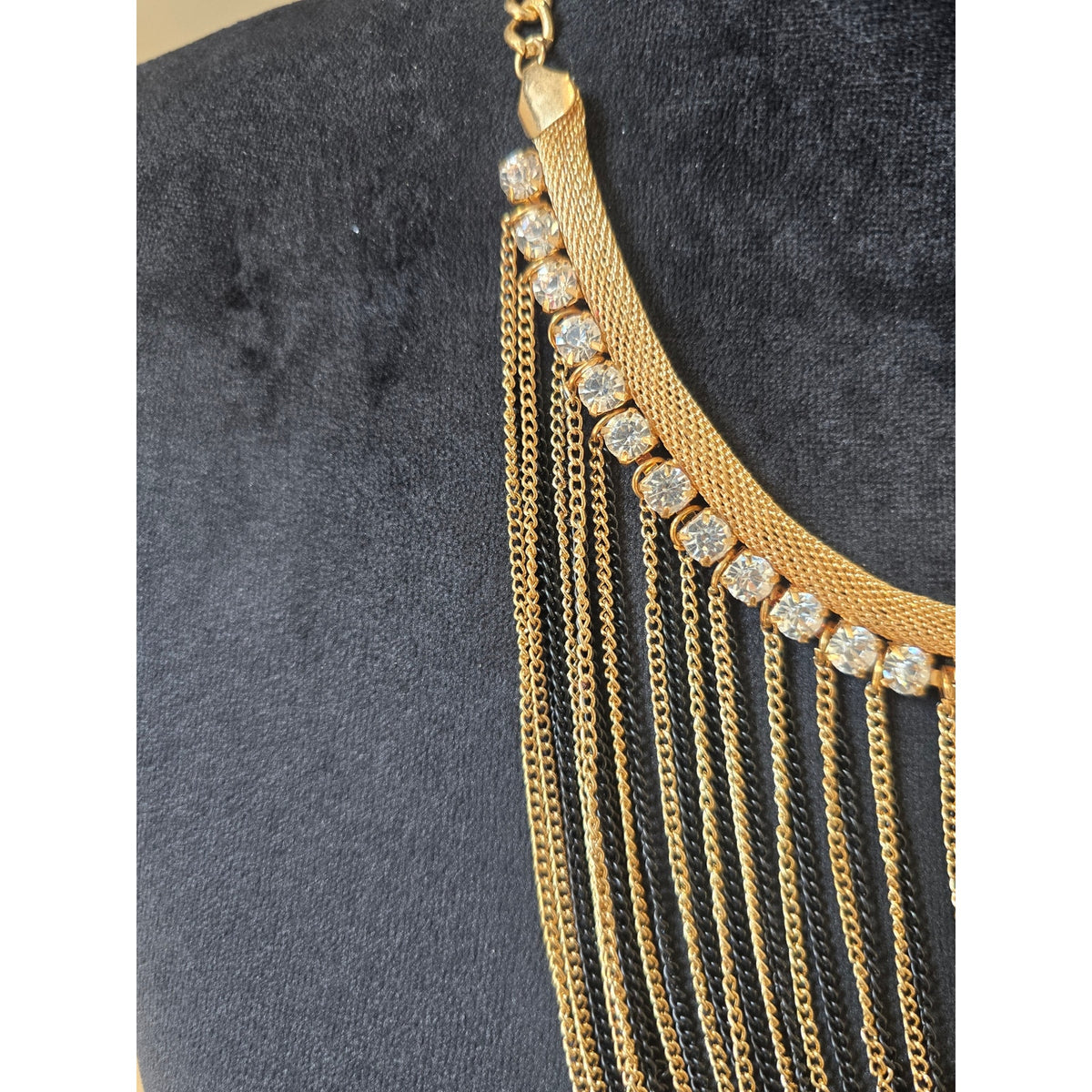 Gold Tone Multi Strand Draped Chain Bib Statement Necklace Rhinestone Fashion