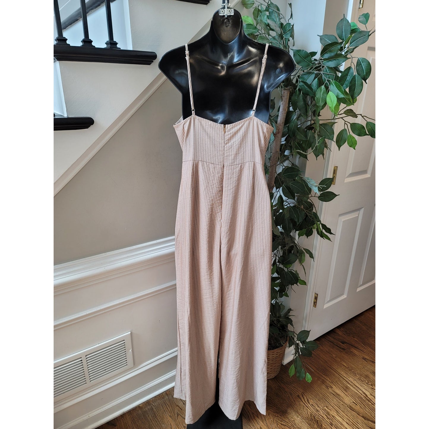 The Room Jumpsuit Women Medium Beige White Striped Cutout Wide Leg Sleeveless