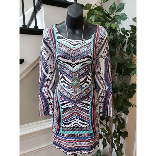 Love Chesle Women's Multicolor Round Neck Long Sleeve Knee Length Dress Large
