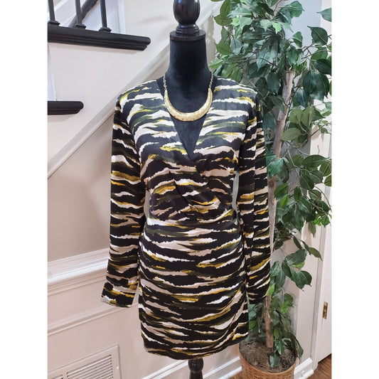DKNY Women's Multicolor 100% Polyester V-Neck Long Sleeve Knee Length Dress 10