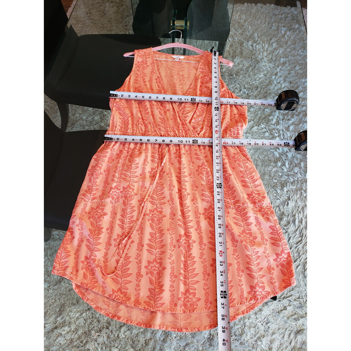 Time and Tru Knee Length Dress Women XL Orange Floral Surplice V Neck Drawstring