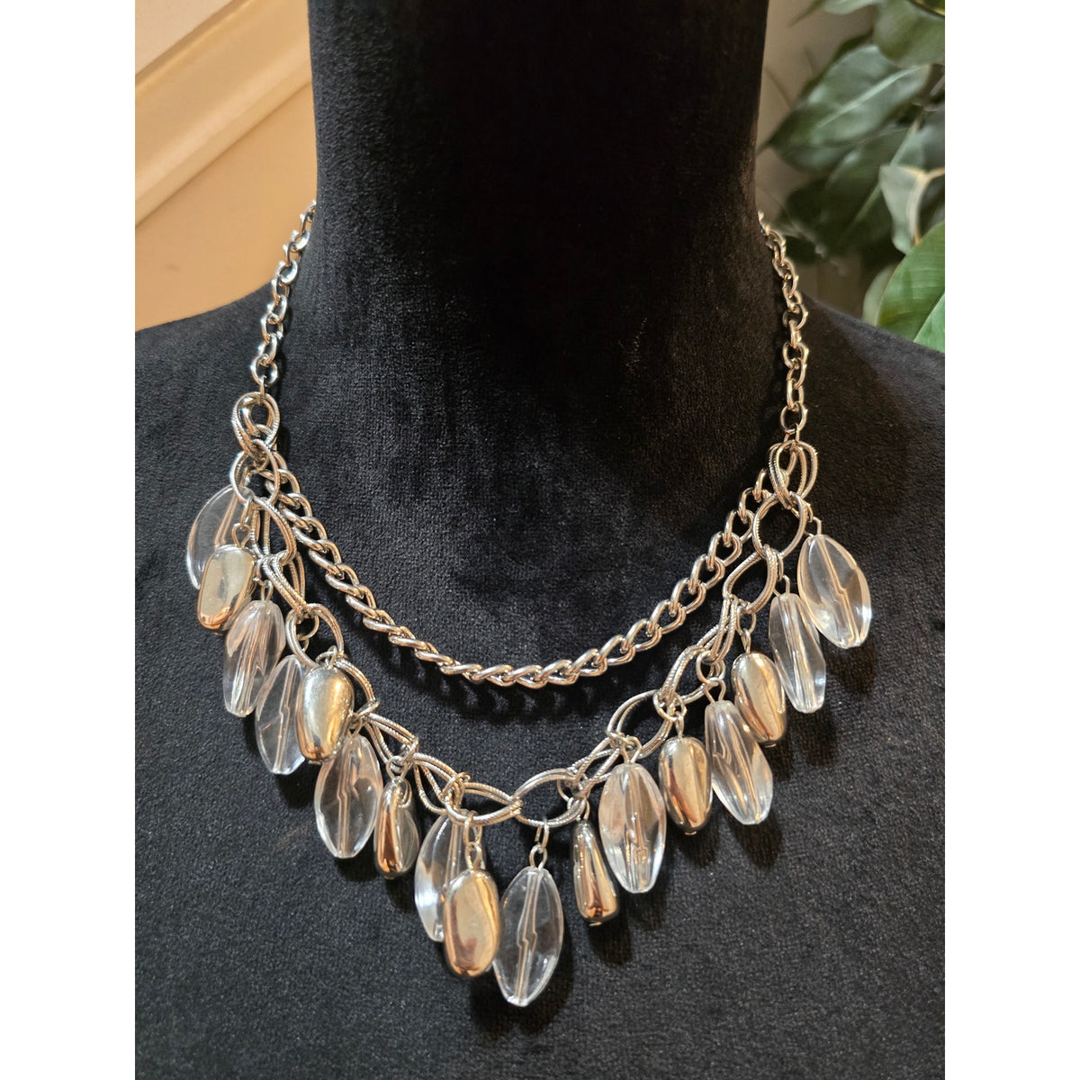 Women's Silver Tone Chain Necklace Clear Acrylic Drop Dangle Adjustable Clasp