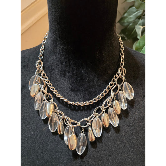 Women's Silver Tone Chain Necklace Clear Acrylic Drop Dangle Adjustable Clasp