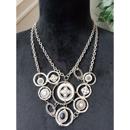 Vintage Silver Tone Medallion Bib Statement Necklace Multi Chain Boho Tribal