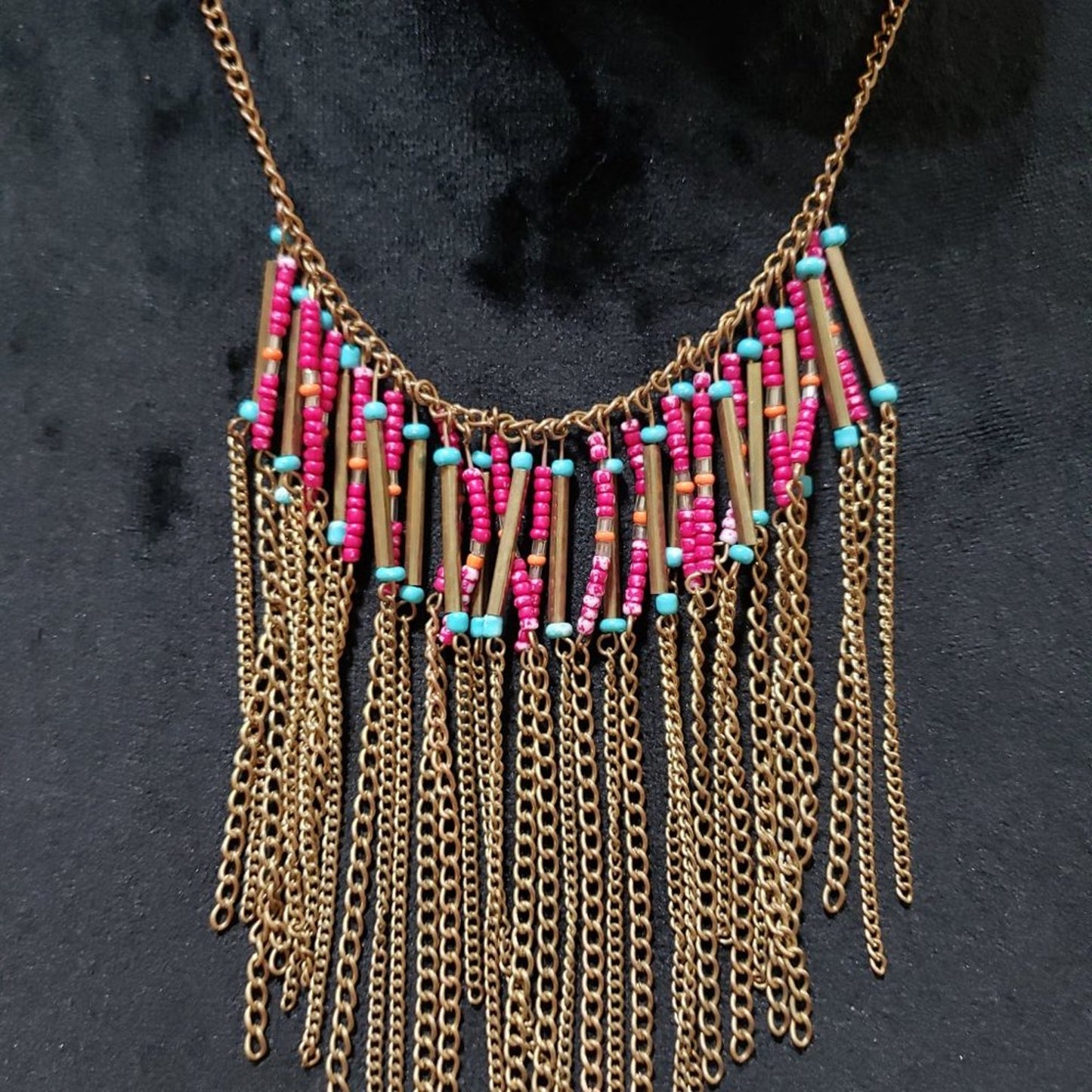 Womens Fashion Boho Layered Fringe Seed Bead Gold Tone Statement Necklace