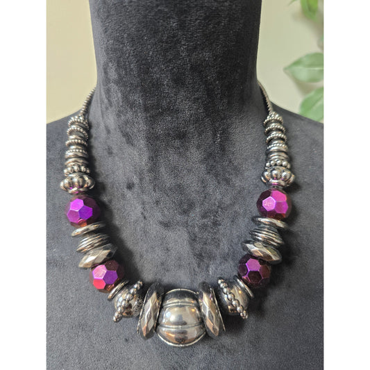 Women's Chunky Silver Beaded Necklace With Purple Crystals Lobster Claw Lock