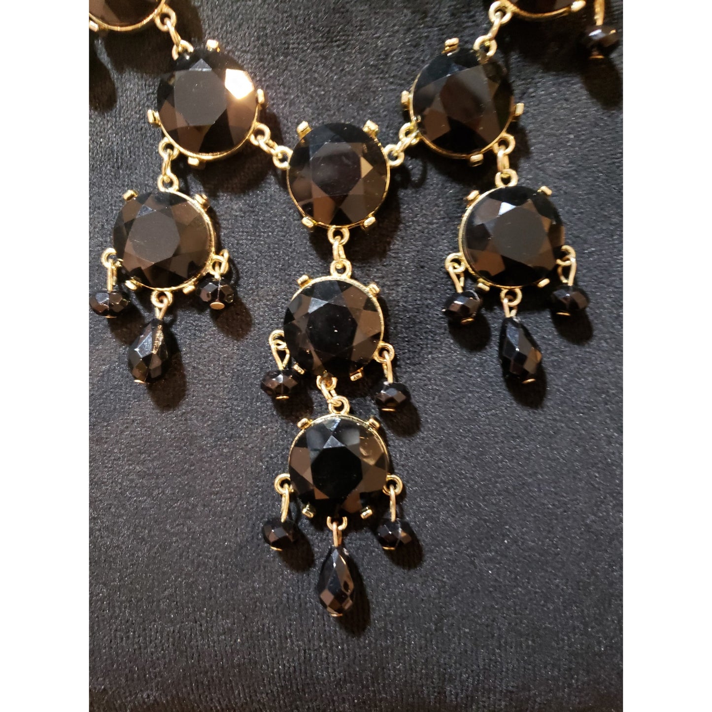 Womens Gold Tone Faceted Black Bead Statement Necklace with Lobster Clasp