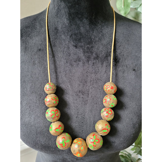 Women's Hand Painted Wooden Bead Necklace With Adjustable Cord Tie Closure