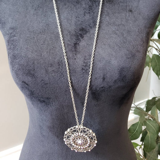 Women Multicolor Crystal Mandala Flower Pendant Curb Chain Necklace with Lobster