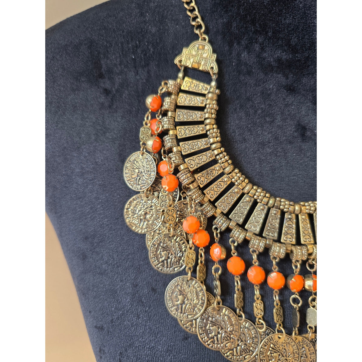 Lightweight Antique Gold Tone Orange Beaded Coin Bib Statement Necklace Boho
