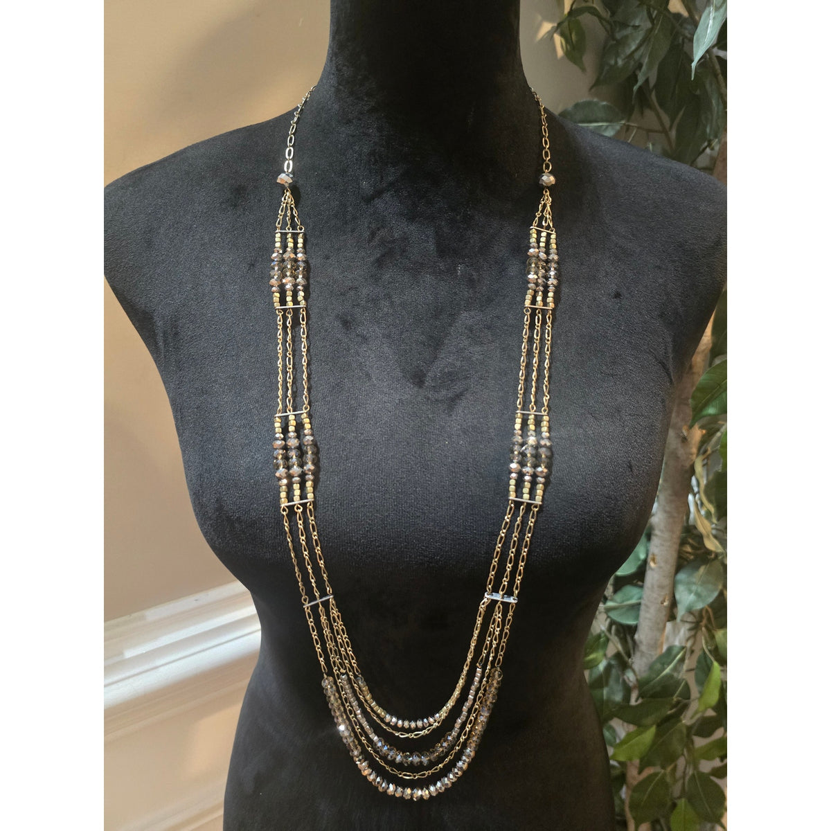 Women's Gold Beaded Multi Strand Statement Necklace With Lobster Clasp