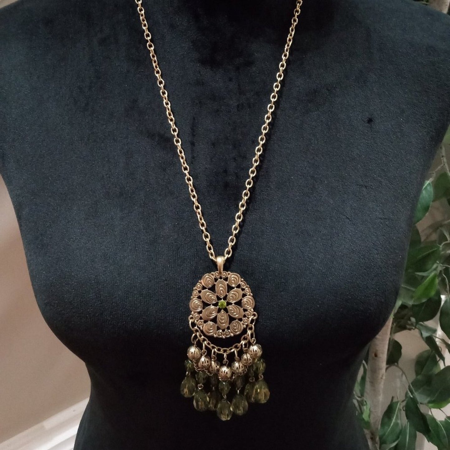 Womens Fashion Boho Style Chunky Gold Tone Carved Floral Pendant Long Necklace
