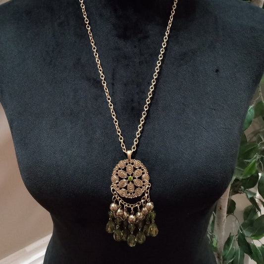 Womens Fashion Boho Style Chunky Gold Tone Carved Floral Pendant Long Necklace