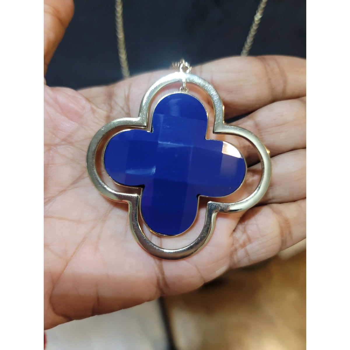 Women's Long Gold Chain Necklace Blue Clover Pendant With Lobster Clasp Lock