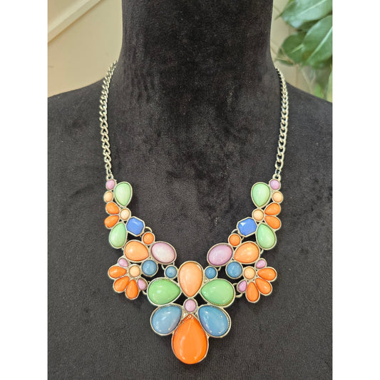 Colorful Floral Bib Statement Necklace Orange Blue Green Pink