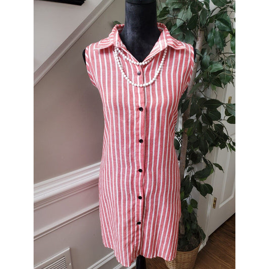 Pitzy Shop Women's Pink & White Collared Sleeveless Button Front Shirt Dress M