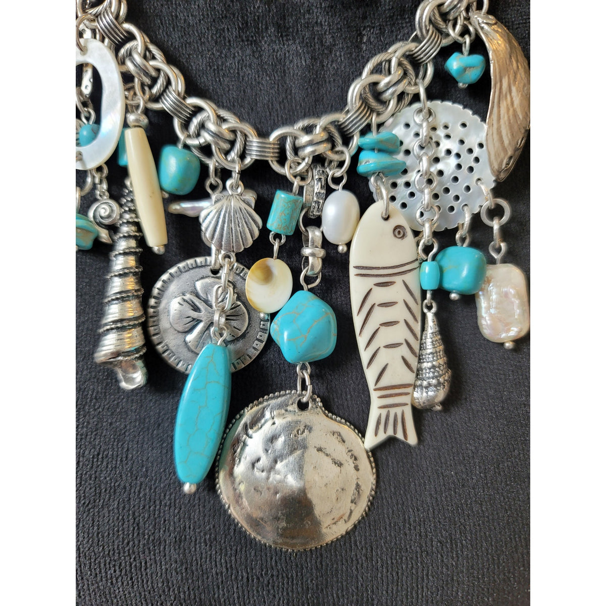 Chico's Women's Silver Tone Charm Necklace With Toggle Lock Fish Shell Beads