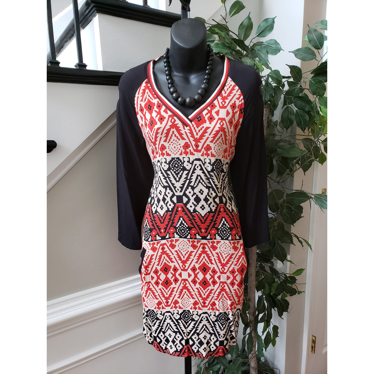 Scotch and Soda Knee Length Dress Womens Multi Geo Print Viscose Split V Neck
