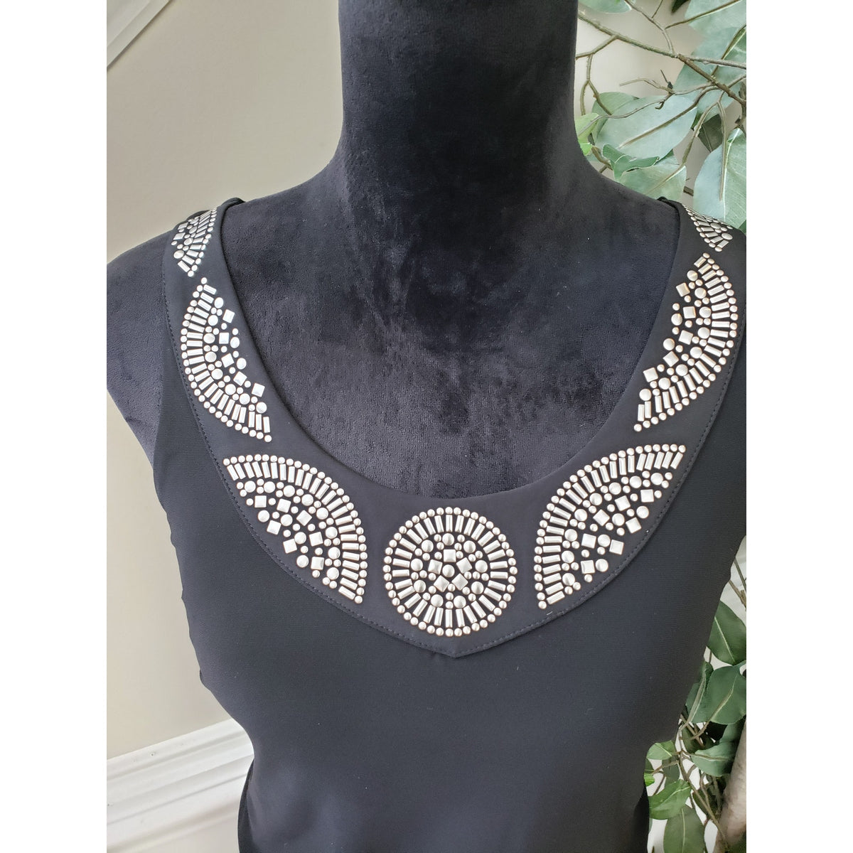 White House Black Market Fit & Flare Dress Womens M Black Embellished Neckline