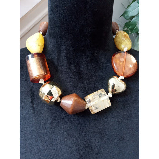 Chunky Mixed Media Beaded Statement Necklace Amber Gold Brown Artisan Boho