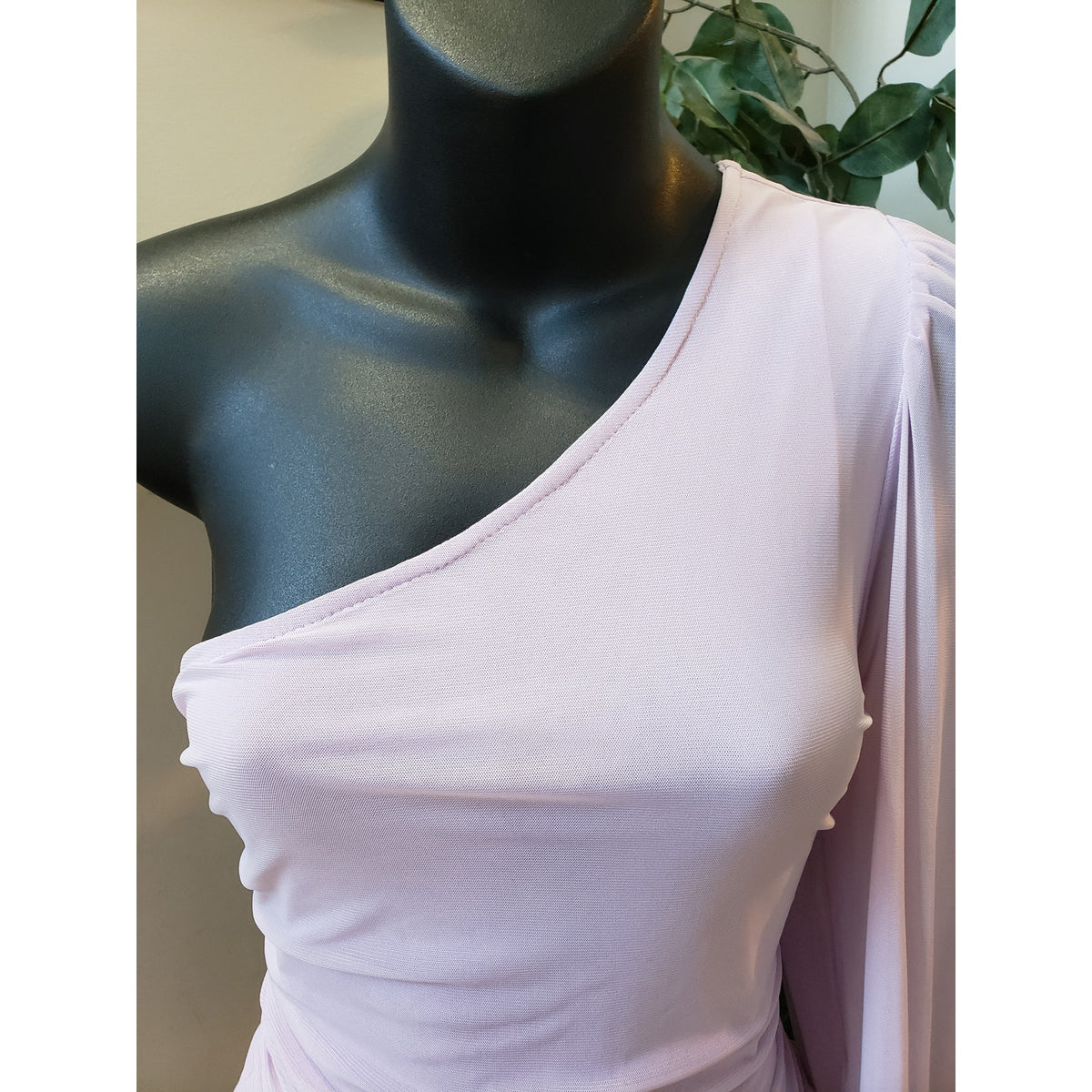 SHEIN Bodycon Dress Womens 12 Lavender Lantern Sleeve One Shoulder Ruched