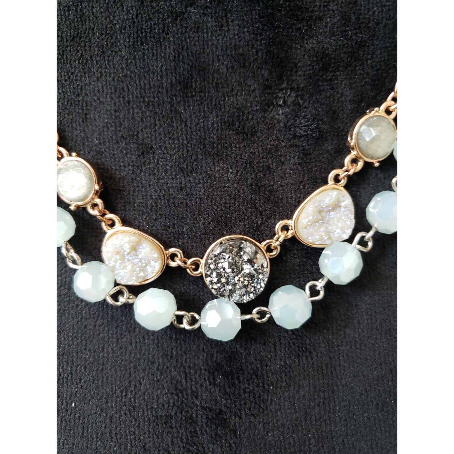 Lobster Clasp Double Chain Necklace with Druzy and Blue Faceted Beads