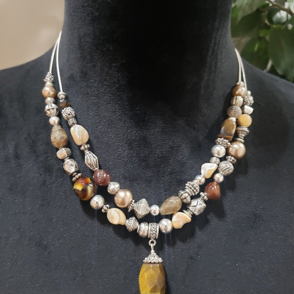 Women Fashion Double Strand Jasper Focal Stone Charm Beaded Pendant Necklace