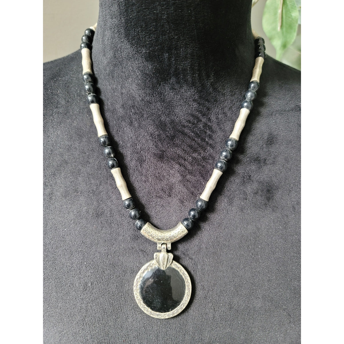 Women's Black Beaded Necklace With Round Silver Pendant And Lobster Clasp Lock