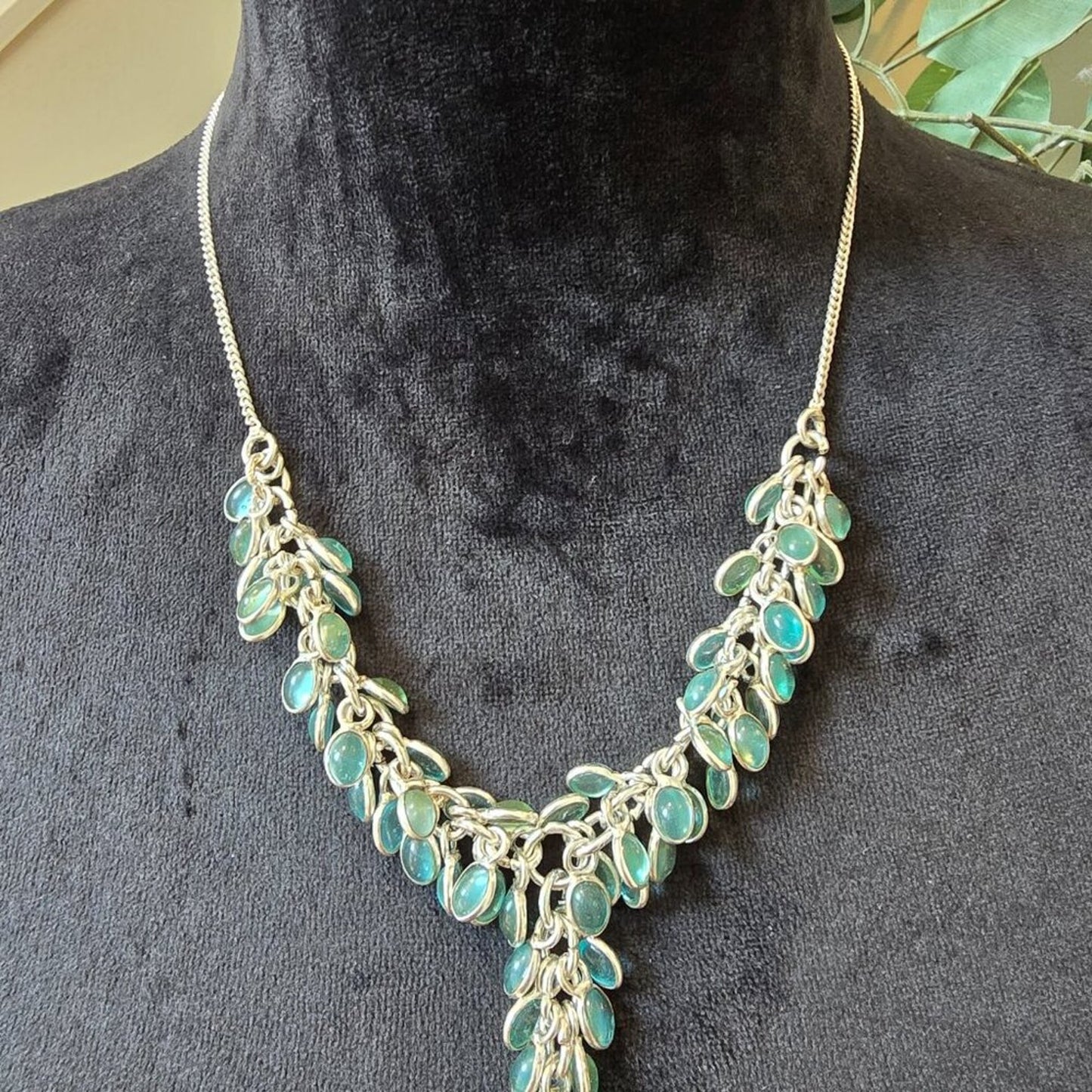 Womens Fashion Blue Triplets Opal Silver Tone Chain Necklace with Lobster Clasp