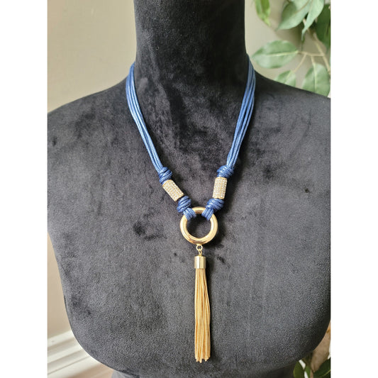 Women's Blue Tassel Necklace with Gold Accent and Crystal Rhinestone Detail