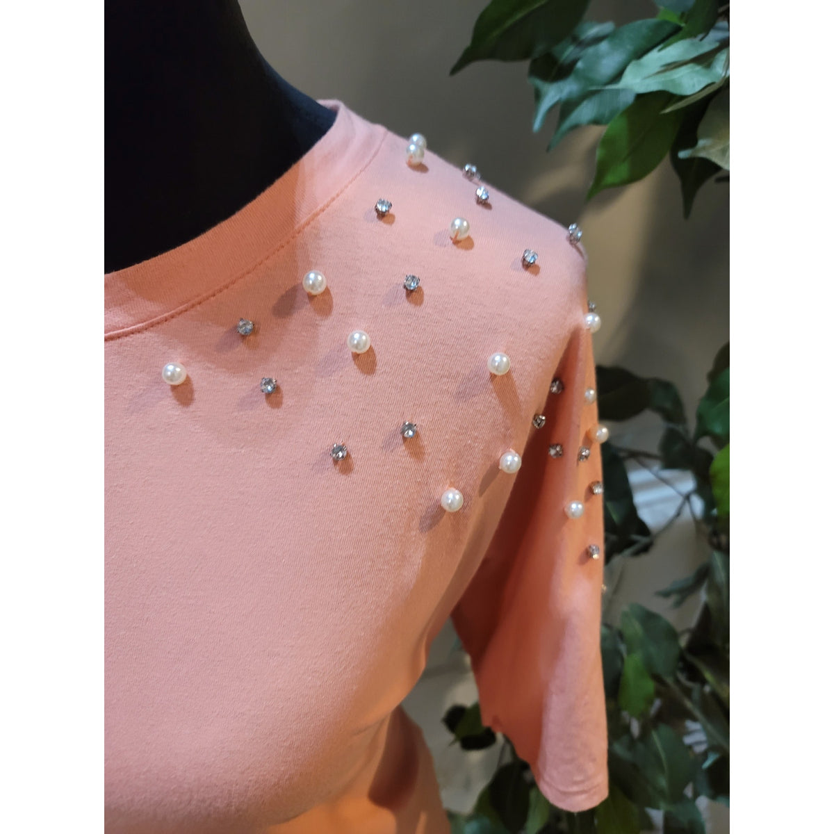 INC Blouse Top Women's Medium Peach Rhinestone Pearl Half Sleeves Crew Neck