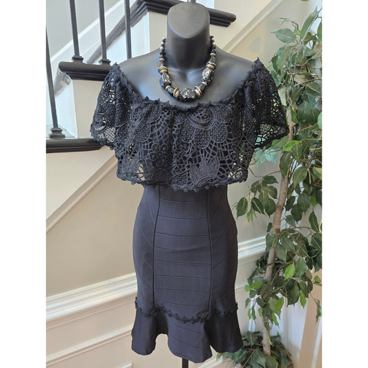 Kesses Bandage Dress Women's Chest Sz M Black Padded Crochet Lace Flounce Hem